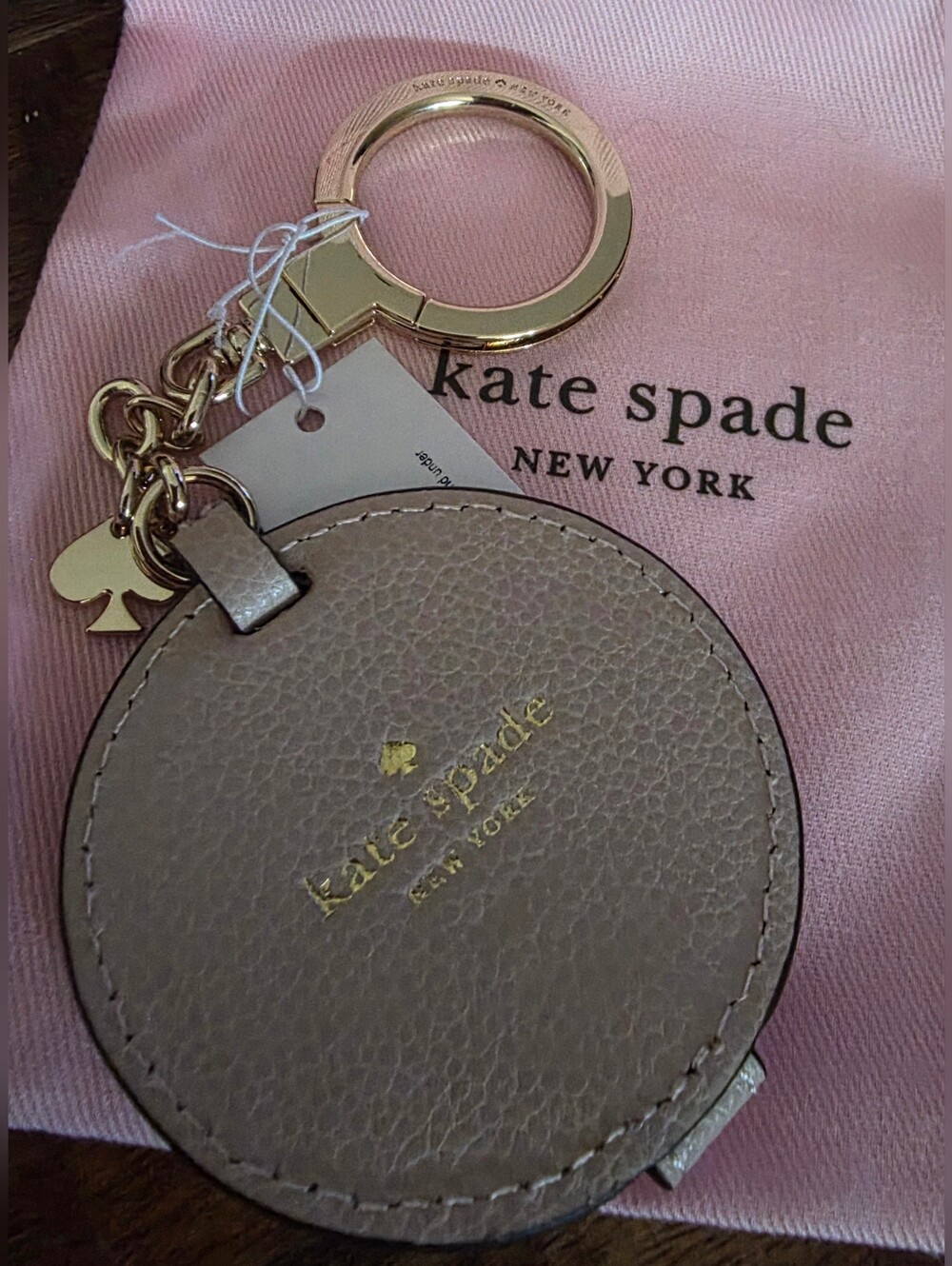 Kate Spade Rose Cloud Round Leather Mirror Key/Bag Charm NWT